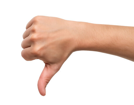 Realistic hand with thumbs down gesture, expressing disapproval, perfect for reviews or feedback content.