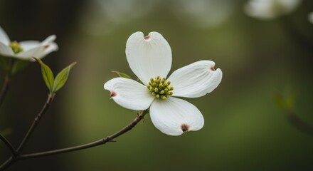 Fototapeta premium Elegant simplicity: A close up of a beautiful white dogwood flower bloom