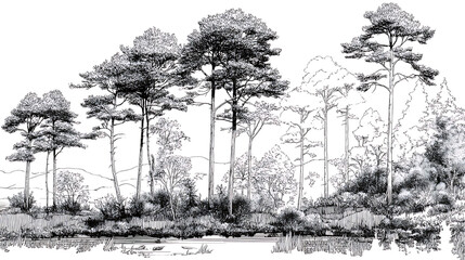 Detailed sketch of tall pine trees.