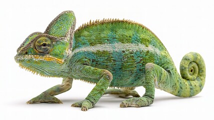 Obraz premium Detailed View of a Vibrant Green Chameleon on a White Background
