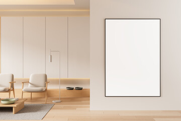 Modern minimalist interior with blank framed poster on clean beige wall in cozy living room with wooden furniture and soft lighting. 3D Rendering. 3D Rendering