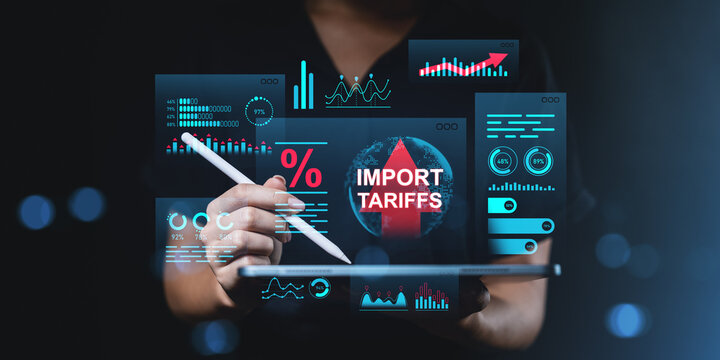 Import tariffs increasing trade war concept with digital graphs showing economic growth analytics on a dark gradient background in futuristic style.