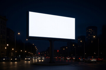 Outdoor billboard at night with city lights, designed for presenting advertisement and signage concepts