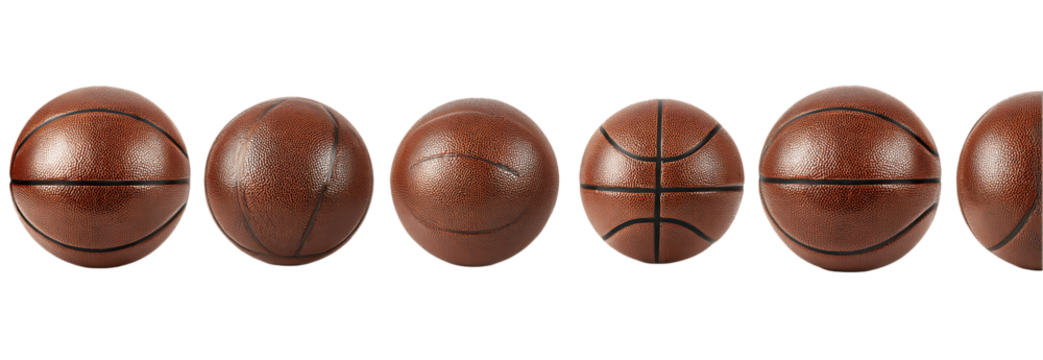 Six Brown Basketballs with Intricate Pattern on Black Background, PNG