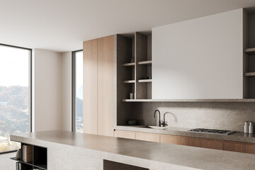 Modern minimalist kitchen interior with light wood cabinets, stone countertops, large windows, and neutral tones, featuring built-in shelves and sleek fixtures. 3D Rendering
