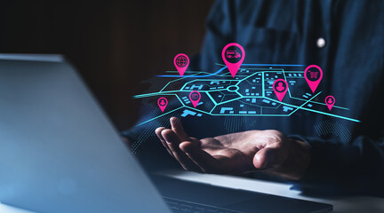 Logistics and transportation management with digital map and delivery tracking concept.