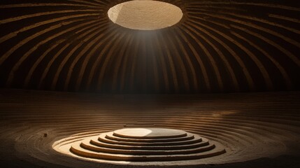 A large, circular opening in a dome-like structure, with a series of steps leading up to it.