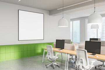 Modern coworking office interior with blank poster mockup on white wall, green paneling and minimalist furniture under natural daylight, 3D Rendering. 3D Rendering