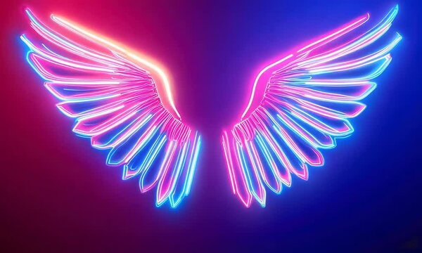 A pair of glowing neon wings in pink and blue light on a dark background.