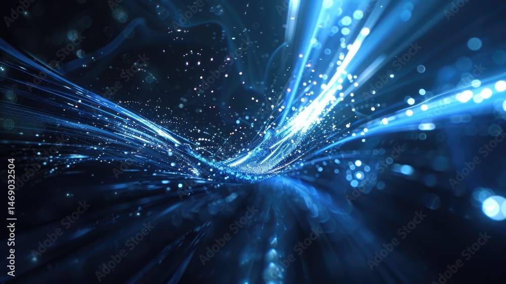 Poster abstract picture micro light sparkling particle represent data flow vivid flowing wave with high tec