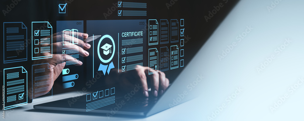 Poster digital certificate and document icons displayed on futuristic transparent screen interface.