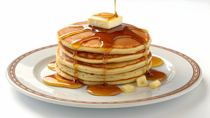 Stack of Fluffy Pancakes Drizzled with Maple Syrup and Butter on Plate

