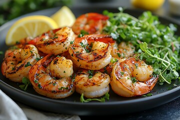 Grilled shrimp dish served on black plate garnished with fresh microgreens and lemon wedges
