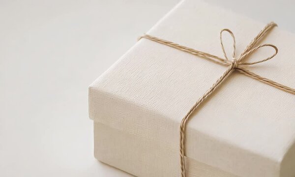 A simple beige gift box with a textured surface is tied with brown string, placed on a light background.