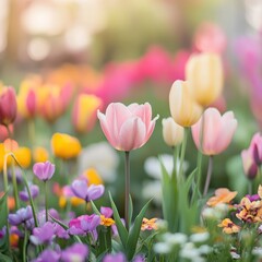 Colorful Spring Tulips Blooming in a Garden Under Soft Natural Light