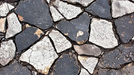 A close-up view of a cracked and weathered pavement surface.