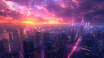 Fototapeta premium Cityscape at Sunset with Pink Sky and Shooting Stars