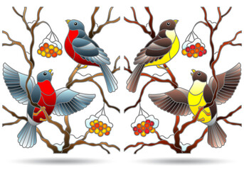 A set of stained glass illustrations with bright birds on fir branches, isolated on a white background
