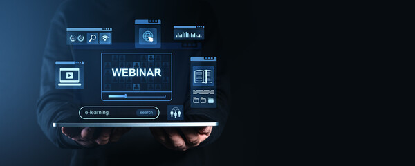 Webinar and e-learning icons over tablet representing online education and technology concept.