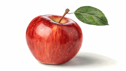 Fresh Juicy Red Apple with Leaf on White Background

