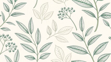 Hand Drawn Green Leaf and Berry Botanical Pattern on Cream Background for Elegant Vintage Nature Wallpaper and Eco Design Projects