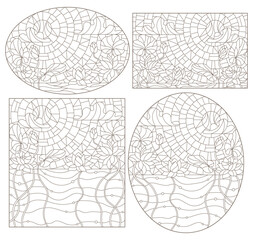 Obraz premium A set of contour illustrations in the style of a stained glass window with lotus flowers on a background of sky and water