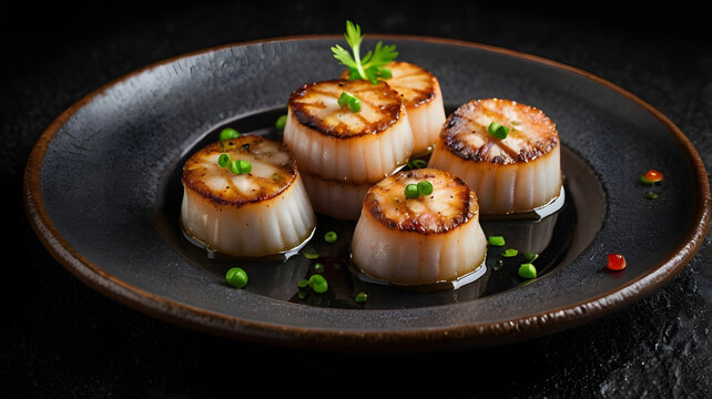 Noix de saint-jacques cuites, pr&eacute;sent&eacute;es en assiette