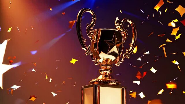 Golden trophy celebration with falling confetti under vibrant spotlights
