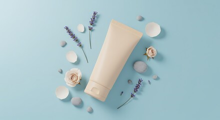 Elegant Cosmetic Tube Mockup with Lavender, Roses and Soft Stones Arrangement
