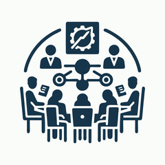 Business collaboration illustration with office employees working together around table in strategic planning session using laptops teamwork communication and planning