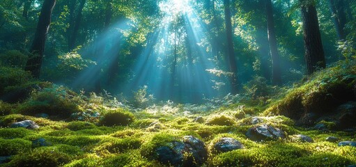 Obraz premium Enchanted Forest: Sunbeams Dance Through Mossy Glade