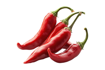 Fresh red chili peppers tied with string, isolated on a white transparent background. Spicy food and cooking ingredient concept