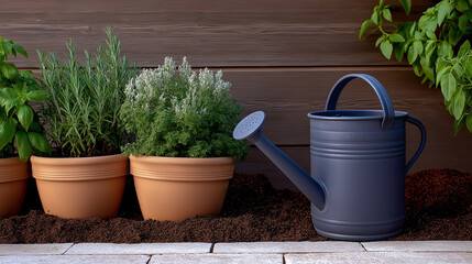 A watering can next to clay pots with freshly planted herbs