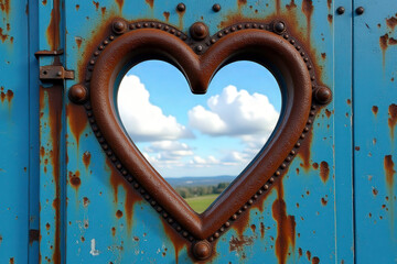Rusty heart-shaped metal frame with a scenic view of cloudy blue sky. Weathered metal frame and blue wall contrasts with romantic symbolism. Industrial texture with vibrant sky