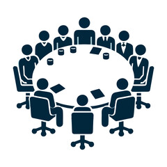 Office staff collaborating in business meeting around round table using laptops documents and charts for planning productivity and teamwork in modern workspace