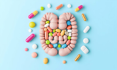 Colorful Pills and Capsules Forming Human Gut on Blue Background