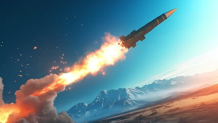 High-Speed Rocket Launch with Fiery Trail over Snowy Mountains – Dynamic Aerospace Scene