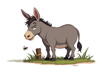 Donkey standing in green grass with a leaf in its mouth, illustration style, cartoon vector of a brown donkey in a peaceful farm field