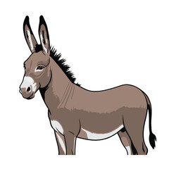 A brown cartoon vector illustration depicts a farm donkey, a wild mammal silhouette