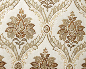 Classic damask gold floral pattern on white wall / Patr&oacute;n damasco cl&aacute;sico dorado en pared blanca

