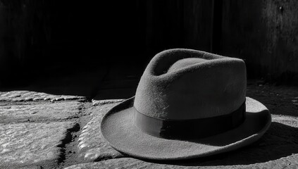 Gray fedora hat rests on stone