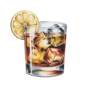 watercolor cocktail with lemon slice and ice clip art preview