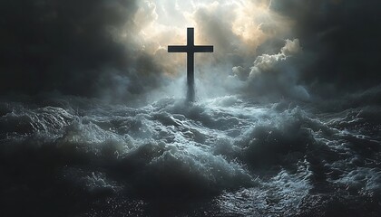 Stormy seascape, a dark cross rising above turbulent waters.