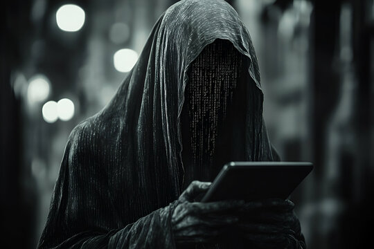 Fototapeta Mysterious figure in dark cloak using a tablet.