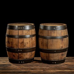 Fototapeta premium Two wooden barrels on dark wood, black background