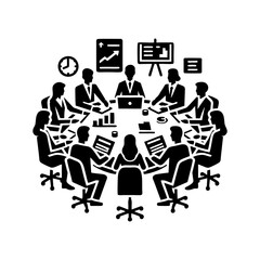 Corporate meeting room vector with business team working together around desk discussing projects and collaborating in office strategy planning and group success

