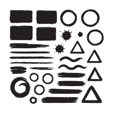 A collection of black ink brush strokes, shapes (circles, squares, triangles), and splatters on a white background.