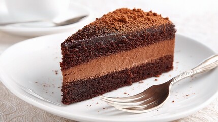 Delicious Slice of Belgian Chocolate Cake on White Dish with Fork