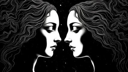 Surreale monochrome Darstellung zweier Gesichter, die aus einer Silhouette hervortreten und Zwillinge symbolisieren, wobei sich Sternbildlinien durch das Bild ziehen. KI Generated