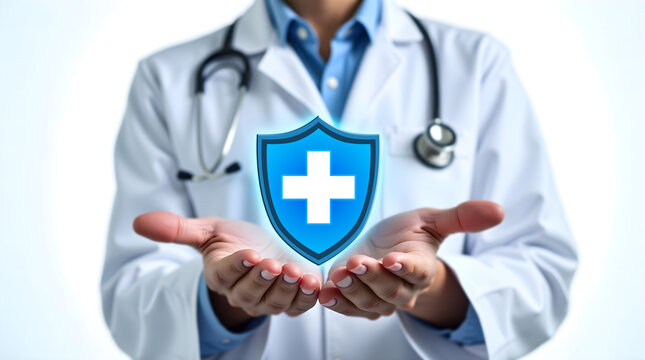Doctor in white coat presenting glowing cross shield excellent for hospital websites, health education, and preventive care promotions